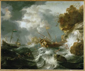 Barcos en apuros en una costa (pintura sobre lienzo)