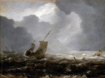 Barcos de pesca en un día ventoso, en el de la izquierda