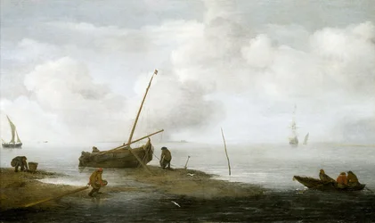 Pesca de mejillones, un barco pesquero en la orilla y tres hombres atareados recogiendo mejillones en sus cestas. Óleo sobre lienzo de 1622, de Jan Porcellis (1580-1632).