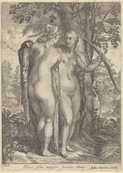 Diana y una ninfa frente a un árbol Diana y sus ninfas (título de la serie)