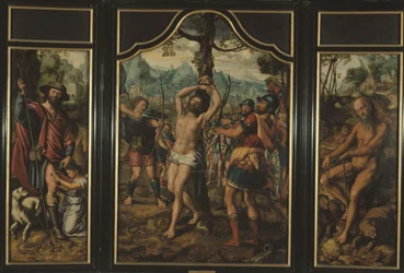 Tríptico del Martirio de San Sebastián (panel central): San Roque (panel izquierdo), San Onufre (panel derecho), San Pedro (reverso del panel derecho), San Esteban (reverso del panel izquierdo), entre 1525 y 1566 (óleo)
