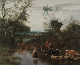 Campesinos cruzando un arroyo, c. 1670