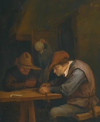 Campesinos bebiendo y cortando tabaco en una posada