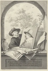 Hombre con una carpeta con dibujos y un retrato de Jan van Goyen