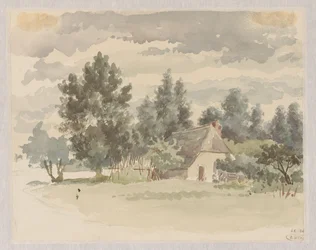 Paisaje con granja rodeada de árboles