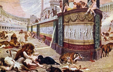 Postal que representa los juegos sangrientos en la arena en Roma, ilustración de 