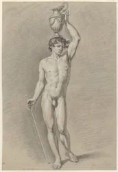 Desnudo masculino de pie con un jarrón en la cabeza