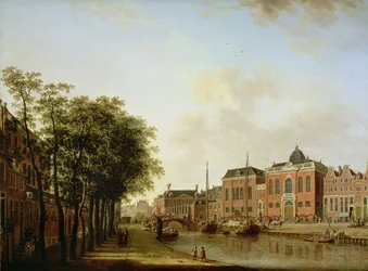 El Houtegracht, ahora el Jonas Daniel Meijerplein, Ámsterdam, con las Sinagogas Asquenazíes, el Arsenal, la Sinagoga Portuguesa y Barcazas de Vela