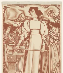 Trabajo para la mujer. Billetes de la Exposición Nacional del Trabajo Femenino a 50 céntimos, disponibles en el recinto y en los depósitos. Primer premio, un adorno de joyería por valor de f.1000,- (título en el objeto)