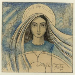 Diseño detallado de una cabeza de mujer para un cartel del Congreso Eucarístico Internacional celebrado en Ámsterdam del 22-27 de julio de 1924