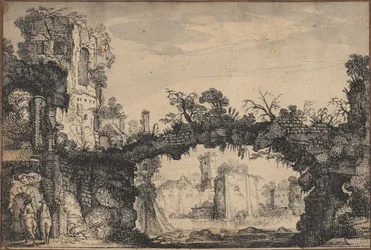 Paisaje con ruinas (anverso); Cabeza de mujer y animales (reverso)