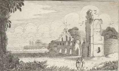 Paisaje con una iglesia en ruinas y dos pastores conversando