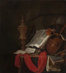 Naturaleza muerta con instrumentos musicales y libros Vanitas