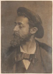 Retrato de un hombre con barba y sombrero, mirando hacia la izquierda