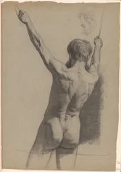 Hombre desnudo de pie con los brazos levantados, visto desde atrás