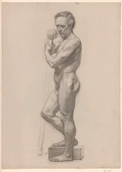 Hombre desnudo de pie, con bastón, mirando hacia la izquierda