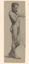 Hombre desnudo de pie, mirando a la derecha