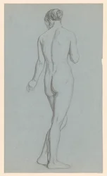 Mujer desnuda de pie, vista desde atrás