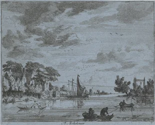 Negocios en un río Te, colegial (título sobre objeto) Paisajes del área de Haarlem (título de la serie) Gesigten fuera de Haarlem, Hecho por. JVV (título de la serie en el objeto)