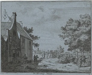 Vista de la posada Emaús The Harreberg Emaús (título sobre el objeto) Paisajes del área de Haarlem (título de la serie) Gesigten fuera de Haarlem, Hecho por. JVV (título de la serie en el objeto)