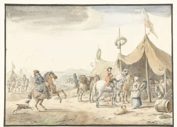 Campamento del ejército con jinetes