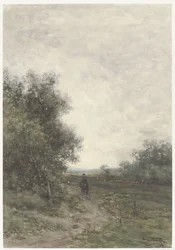 Paisaje con un jinete y un rebaño de ovejas con pastor
