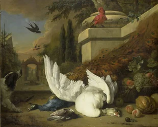 Un perro con un ganso y un pavo real muertos (Un estudio sobre la caza y la fruta)