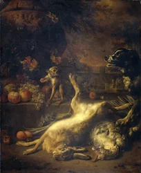 Un mono y un perro con caza y fruta muerta