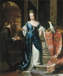 Retrato de Lodewina Schey con un vestido azul, con un asistente portando flores