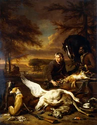 Trofeos de caza con un sirviente de caza y un paje negro que sostiene un caballo bayo, 1700
