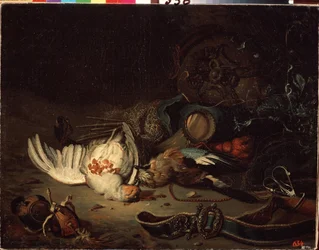Trofeos de caza. Pintura de Jan Weenix el Joven (1642-1719). Óleo sobre lienzo, finales del siglo XVII-principios del XVIII. Arte holandés, estilo barroco. Museo Estatal al Aire Libre Peterhof, San Petersburgo.