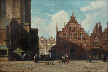 Vista soleada del Grote Markt con la iglesia de San Bavón y el Vleeshal, Haarlem (óleo sobre tabla)