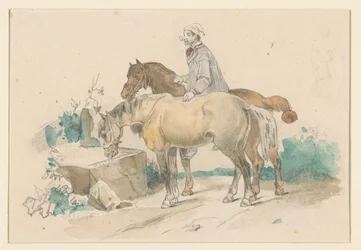Granjero con dos caballos cerca de un abrevadero