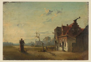 Paisaje con granja y bomba de agua