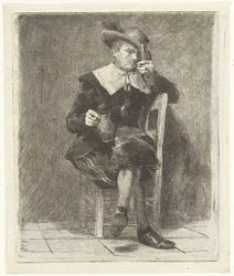 Hombre con jarra y vaso en una silla