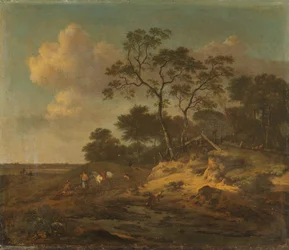 Paisaje de dunas con cazadores descansando