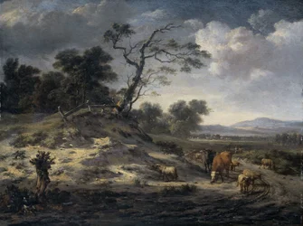 Paisaje con ganado en un camino rural