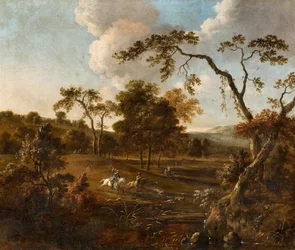 Paisaje con colinas y caza del ciervo