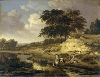Paisaje con un jinete regando su caballo