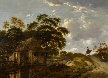 Paisaje con una cabaña junto a un río y una mujer fregando una olla, un caballero a caballo en un camino