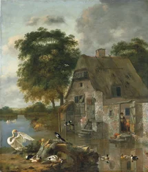 Cisnes, patos y otras aves frente a una casa de campo junto al agua (óleo sobre lienzo)