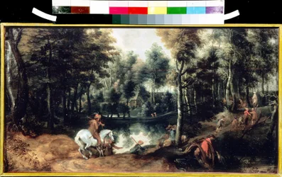 Jinetes en un bosque. Pintura de Jan Wildens (1586-1653). Óleo sobre tabla, 32,5 x 59,3 cm, hacia 1620. Arte flamenco de los siglos XVI-XVIII. Museo Pushkin de Bellas Artes, Moscú.