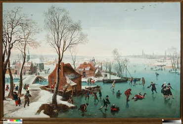 Diciembre, patinadores en un lago helado