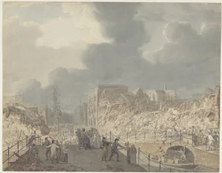Vista de las ruinas del Rapenburg en Leiden tras la explosión del barco de la pólvora el 12 de enero de 1807