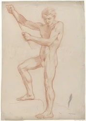 Hombre desnudo de pie, sosteniendo un bastón con los brazos levantados