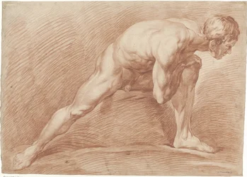 Hombre desnudo de pie, en posición extendida