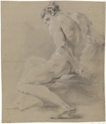 Desnudo masculino sentado, sosteniendo la cabeza con la mano derecha