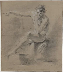 Desnudo masculino sentado, mirando a la izquierda, con los brazos en la espalda