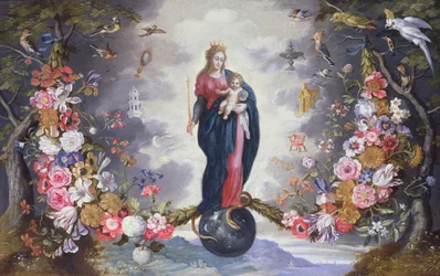 La Virgen y el Niño rodeados por una guirnalda