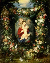 La Virgen y el niño en una guirnalda de frutas y flores, c.1614-18